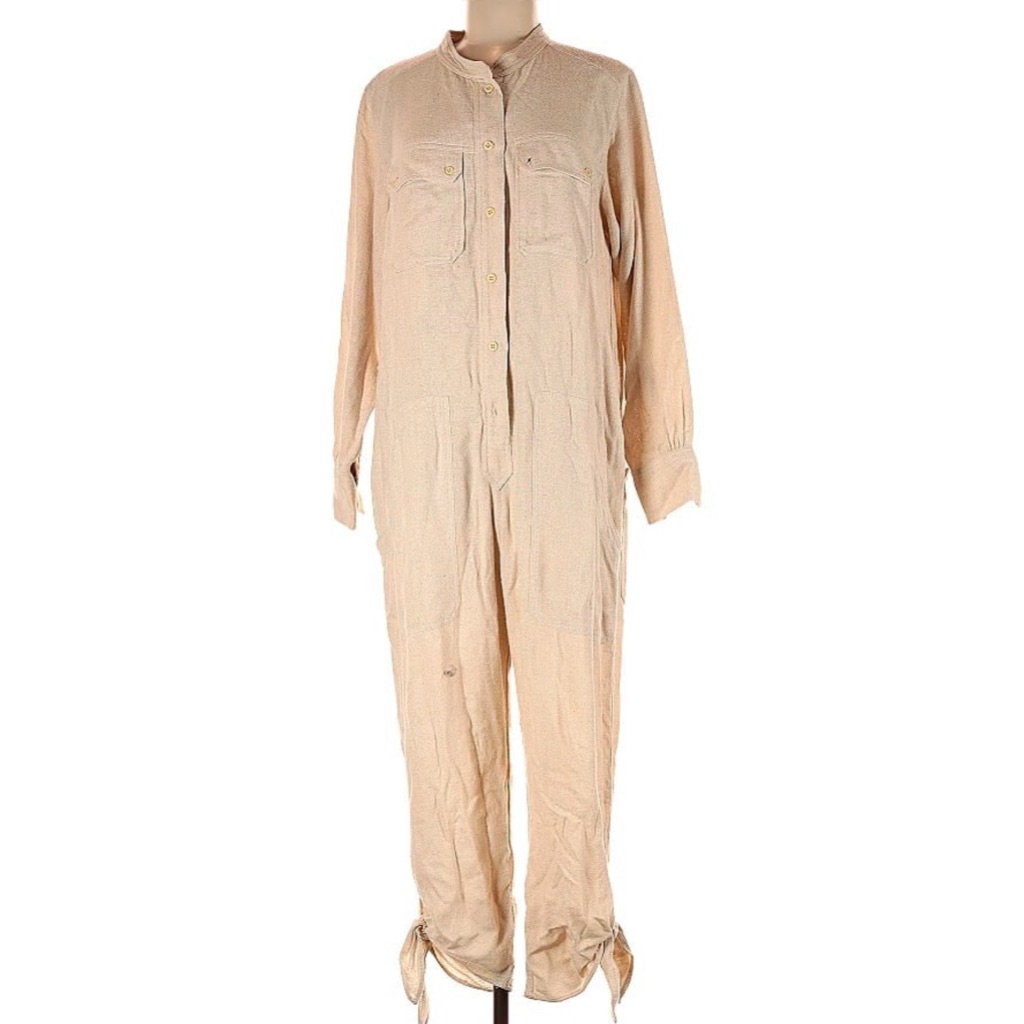 Isabel Marant Designer Silk Tan Button-Up Jumpsuit With Bottom Ties, Pockets Nwt